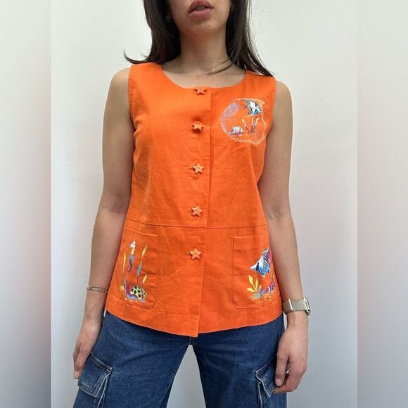 Vintage 90’s Orange Fish Ocean Theme Linen Sleeveless Top Vest Size M - Picture 1 of 10